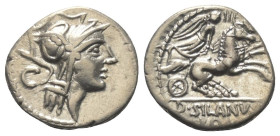 D. Iunius Silanus.

 Denar (Silber). 91 v. Chr. Rom.
Vs: Kopf der Roma mit geflügeltem Helm rechts, dahinter Kontrollmarke.
Rs: D SILANVS L F / RO...