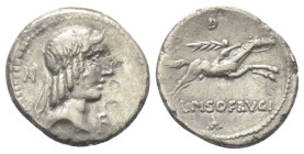 L. Calpurnius Piso Frugi.

 Denar (Silber). 90 v. Chr. Rom.
Vs: Kopf des Apollo mit Lorbeerkranz rechts. Dahinter und vorne Beizeichen.
Rs: L PISO...