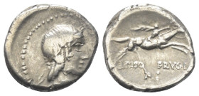 L. Calpurnius Piso Frugi.

 Denar (Silber). 90 v. Chr. Rom.
Vs: Kopf des Apollo mit Lorbeerkranz rechts. Dahinter und vorne Beizeichen.
Rs: L PISO...