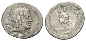 Mn. Fonteius.

 Denar (Silber). 85 v. Chr. Rom.
Vs: MN FONTEI C F. Kopf des Apollo mit Lorbeerkranz rechts, darunter Blitzbündel.
Rs: Cupido auf Z...