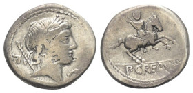 P. Crepusius.

 Denar (Silber). 82 v. Chr. Rom.
Vs: Kopf des Apollo mit Lorbeerkranz rechts, dahinter Szepter und Buchstabe A.
Rs: P CREPVSI. Reit...