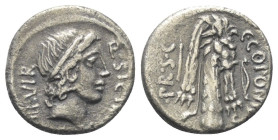 Q. Sicinius.

 Denar (Silber). 49 v. Chr. Feldmünzstätte des Pompeius im Osten.
Vs: Q SICINIVS III VIR. Kopf des Apollo mit Tänie rechts, darunter ...