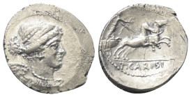 T. Carisius.

 Denar (Silber). 46 v. Chr. Rom.
Vs: Büste der Victoria rechts.
Rs: T CARISI. Victoria mit Kranz in Biga nach rechts fahrend.

21 ...