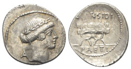 C. Considius Paetus.

 Denar (Silber). 47 v. Chr. Rom.
Vs: Kopf des Apollo mit Lorbeerkranz rechts. Dahinter A.
Rs: C CONSIDI / PAETI. Beamtenstuh...