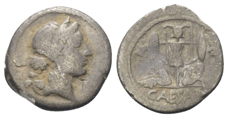 C. Iulius Caesar.

 Denar (Silber). 46 - 45 v. Chr. Feldmünzstätte in Spanien....