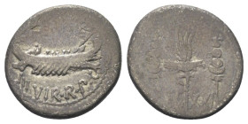 Marcus Antonius.

 Denar (Silber). 32 - 31 v. Chr. Patrae.
Vs: ANT AVG / III VIR R P C. Galeere mit Thyrsus am Bug nach rechts.
Rs: LEG - XXI. Leg...