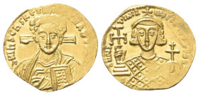 Iustinianus II. (685 - 695 und 705 - 711 n. Chr.).

 Solidus (Gold). Um 705 n. Chr. (2. Regierungszeit). Constantinopolis.
Vs: DN IhS ChS RE - X RE...
