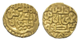 Goldene Horde (Juchiden). Toqtamish (782-794 H. / 1378 - 1396). Anonyme Prägungen aus seiner Zeit.

 Dinar (Gold). 785 H. Khwarizm.
Vs: Dreizeilige...