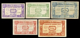 Alcañiz (Teruel). 25 y 50 (dos) céntimos y 1 (dos) peseta. (Montaner-75d, e, f, h, i). Lote de cinco billetes. BC+/MBC+. Est...45,00.