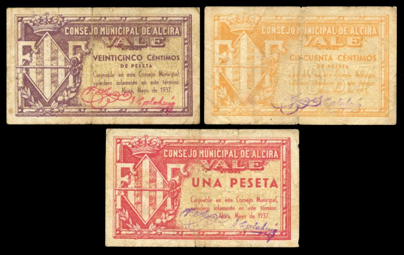 Alcira (Valencia). 25, 50 céntimos y 1 peseta. (Montaner-80). Roturas. BC/BC+. E...