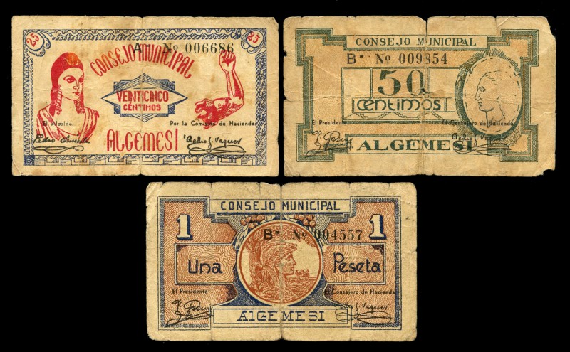 Algemesí (Valencia). 25, 50 céntimos y 1 peseta. (Montaner-116). Algunas roturas...