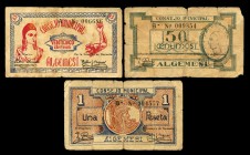 Algemesí (Valencia). 25, 50 céntimos y 1 peseta. (Montaner-116). Algunas roturas. Serie completa. BC/BC+. Est...30,00.