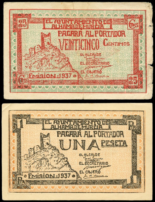 Alhama de Murcia. 25 céntimos y 1 peseta. (Montaner-122a y b). Algunas roturas e...