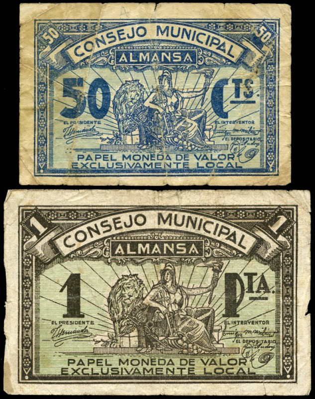 Almansa (Albacete). 50 céntimos y 1 peseta. (Montaner-133 b, c). Algunas roturas...