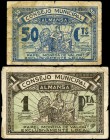 Almansa (Albacete). 50 céntimos y 1 peseta. (Montaner-133 b, c). Algunas roturas. BC/BC+. Est...18,00.