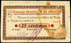 Almería. 25 céntimos. (Montaner-139a). Manchas y roturas. MBC-. Est...15,00.