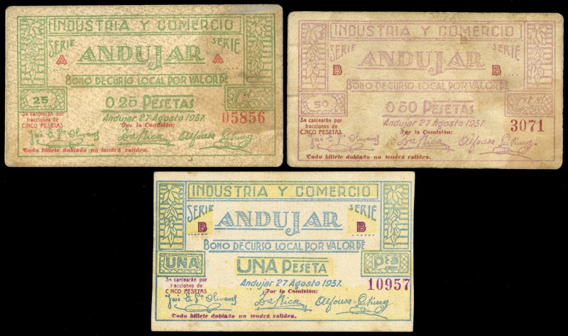Andújar (Jaén). 25, 50 céntimos y 1 peseta. (Montaner-168b, c y d). Industria y ...