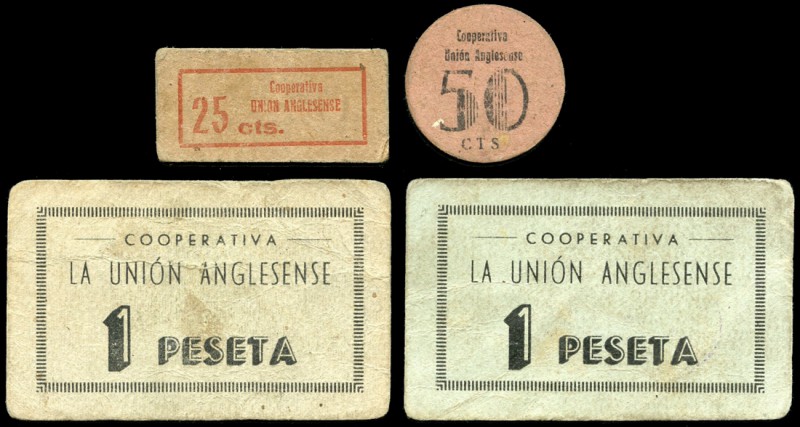 Anglés (Gerona). Cooperativa La Unión Anglesense. 25, 50 céntimos y 1 (dos) pese...