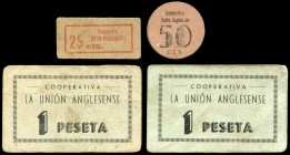 Anglés (Gerona). Cooperativa La Unión Anglesense. 25, 50 céntimos y 1 (dos) peseta. (Montaner-no cita). Serie de cuatro cartones. MBC+/EBC-. Est...45,...