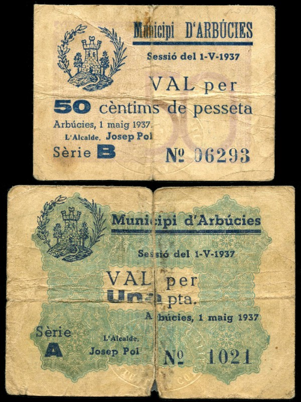 Arbúcies (Gerona). 50 céntimos y 1 peseta. (Montaner-177a, b). Billete de 1 pese...