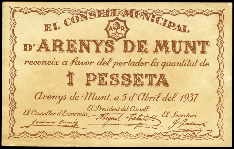 Arenys de Munt (Barcelona). 1 peseta. (Montaner-184b). EBC+. Est...20,00.