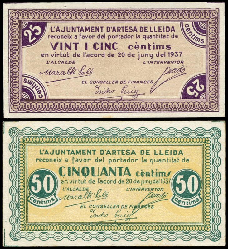 Artesa de Lleida (Lérida). 25 y 50 céntimos. (Montaner-197a, b). El 25 céntimos ...
