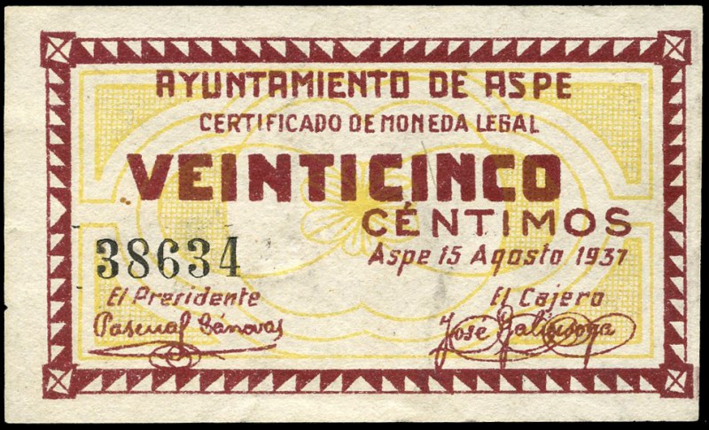 Aspe (Alicante). 25 céntimos. (Montaner-201a). Raro en esta conservación. EBC. E...