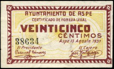 Aspe (Alicante). 25 céntimos. (Montaner-201a). Raro en esta conservación. EBC. Est...30,00.