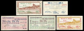 Balaguer (Lérida). 25, 50 (dos) céntimos y 1 (dos) peseta. (Montaner-222a, b, c, d, e). MBC/EBC-. Est...50,00.
