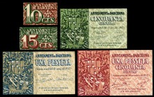 Barcelona. 10, 15, 50 céntimos y 1, 1,5 pesetas. (Montaner-236). Serie completa. EBC-/EBC+. Est...30,00.