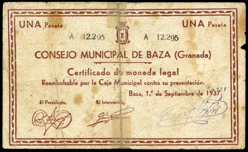 Baza (Granada). 1 peseta. (Montaner-242e). Reparado con cinta. MBC-. Est...10,00...