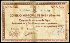 Baza (Granada). 1 peseta. (Montaner-242e). Reparado con cinta. MBC-. Est...10,00.