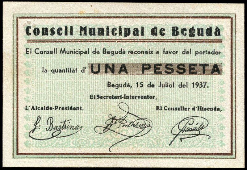 Beguda (Girona). 1 peseta. (Montaner-250b). SC-. Est...30,00.