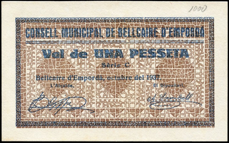 Bellcaire de Empordá (Gerona). 1 peseta. (Montaner-262c). Serie C. SC. Est...18,...