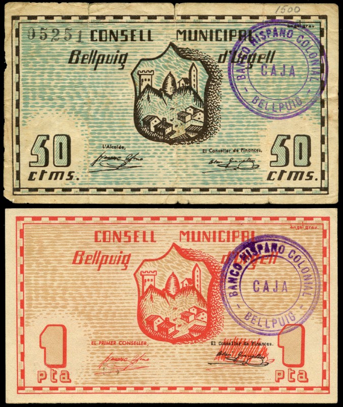 Bellpuig de Urgell. 50 céntimos y 1 peseta. (Montaner-266a, b). El 50 céntimos c...