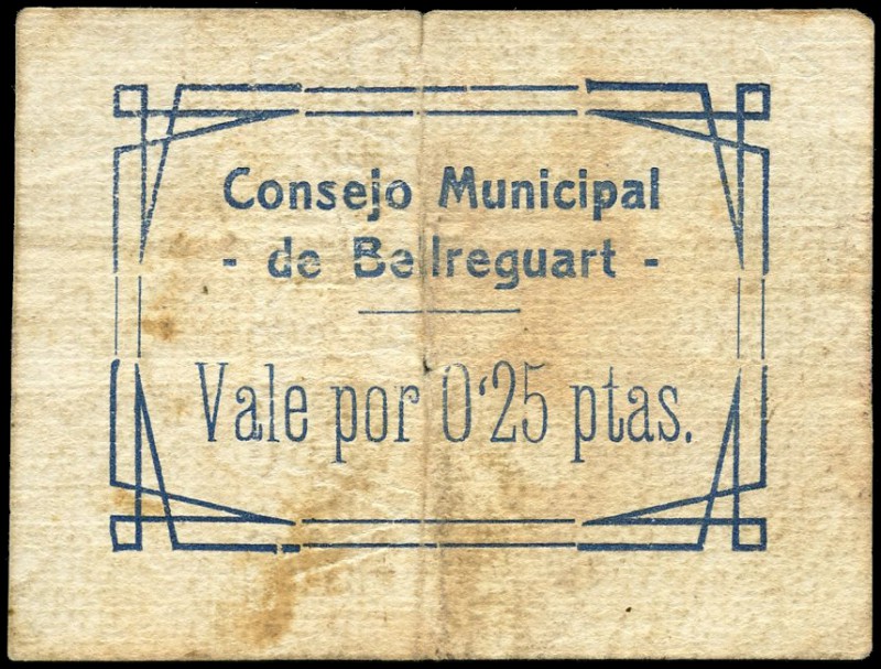 Bellreguart (Valencia). 25 céntimos. (Montaner-267a). Sucio. Escaso. MBC-. Est.....