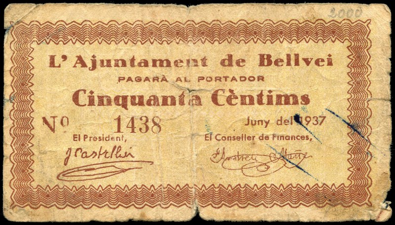 Bellvei del Penedés (Tarragona). 50 céntimos. (Montaner-271b). Roturas. BC+. Est...