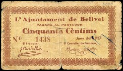 Bellvei del Penedés (Tarragona). 50 céntimos. (Montaner-271b). Roturas. BC+. Est...12,00.
