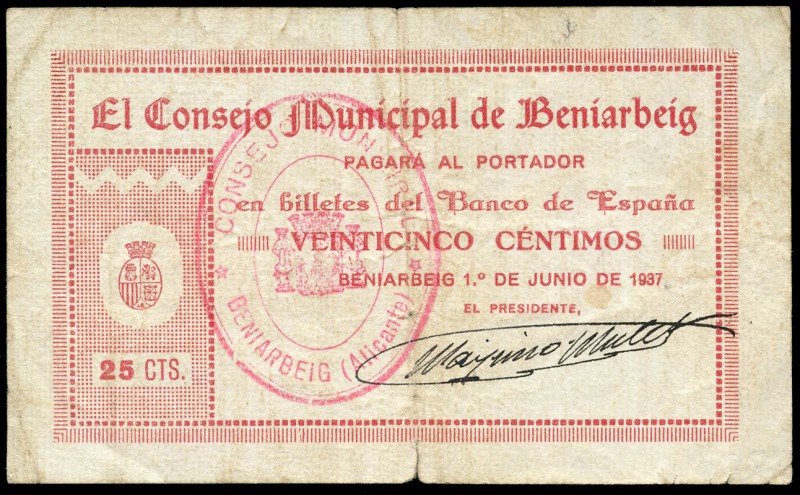 Beniarbeig (Alicante). 25 céntimos. (Montaner-286a). Muy raro. MBC. Est...200,00...