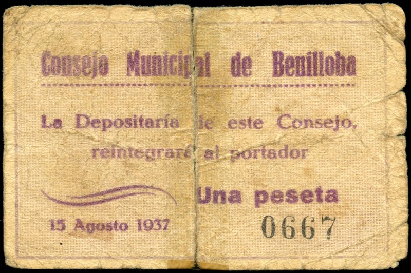 Benilloba (Alicante). 1 peseta. (Montaner-306c). Rotura reparada. Raro. BC-. Est...
