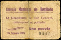 Benilloba (Alicante). 1 peseta. (Montaner-306c). Rotura reparada. Raro. BC-. Est...20,00.