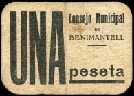 Benimantell (Alicante). 1 peseta. (Montaner-307c). Cartón. Muy raro. MBC+. Est...130,00.