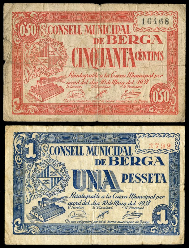 Berga (Barcelona). 50 céntimos y 1 peseta. (Montaner-325 1ª emisión). BC+/MBC-. ...