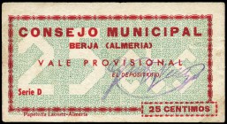 Berja (Almería). 25 céntimos. (Montaner-326a). Escaso. MBC+. Est...50,00.