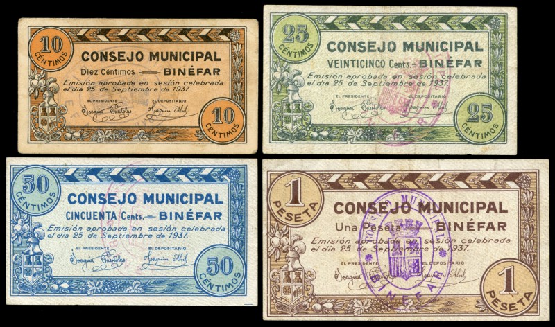 Binéfar (Huesca). 10, 25, 50 céntimos y 1 peseta. (Montaner-335b, c, d, e). Seri...