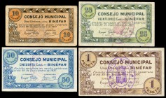 Binéfar (Huesca). 10, 25, 50 céntimos y 1 peseta. (Montaner-335b, c, d, e). Serie completa a excepción del 5 céntimos. MBC/EBC-. Est...50,00.