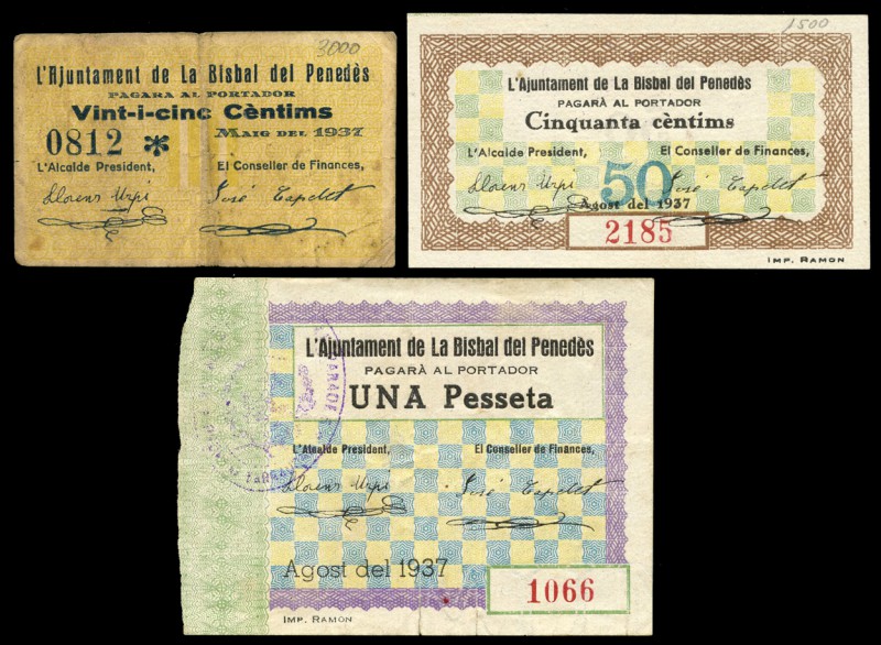 Bisbal del Penedès (Tarragona). 25, 50 céntimos y 1 peseta. (Montaner-340d,e, f)...