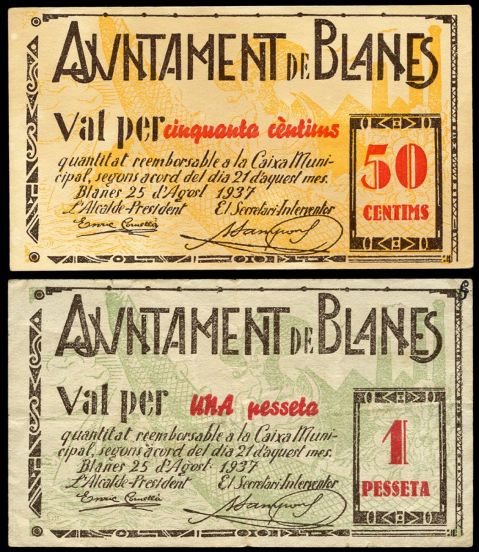Blanes (Gerona). 50 céntimos y 1 peseta. (Montaner-343b, c). EBC-/EBC+. Est...45...