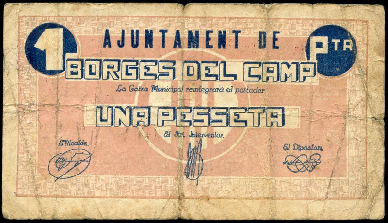 Borges del Camp (Tarragona). 1 peseta. (Montaner-357e).  Escaso. MBC-. Est...30,...
