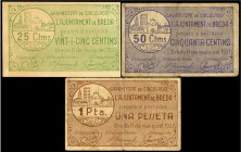 Breda (Gerona). 25, 50 céntimos y 1 peseta. (Montaner-366a, b, c). Serie completa. MBC-/SC. Est...30,00.